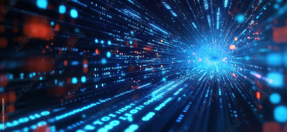 Poster Digital data stream with glowing binary code and vibrant light effects