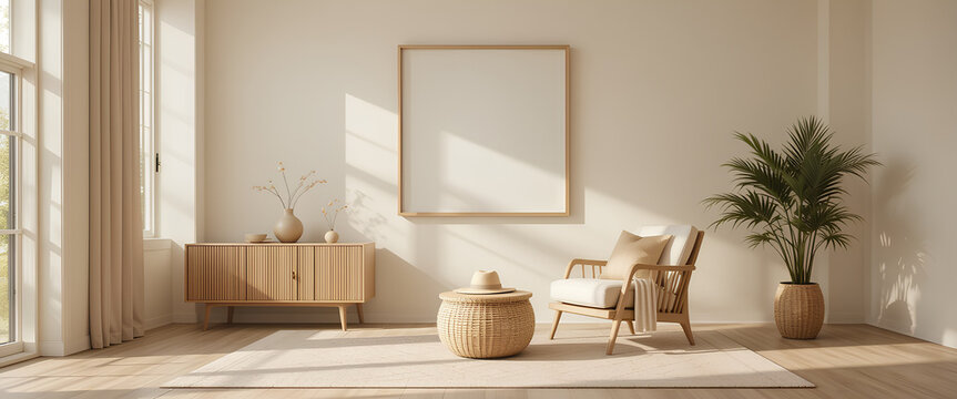 Mock up frame in boho interior with natural wooden furniture, minimalist scandi-boho style