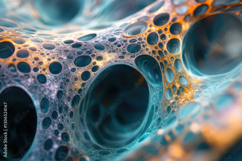 Poster abstract 3d render of a porous, cavernous structure with teal and gold hues, resembling a complex or
