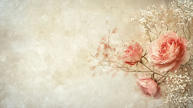 floral pattern faded roses and baby&rsquo;s breath with a lace-like texture on a muted beige background high quality 