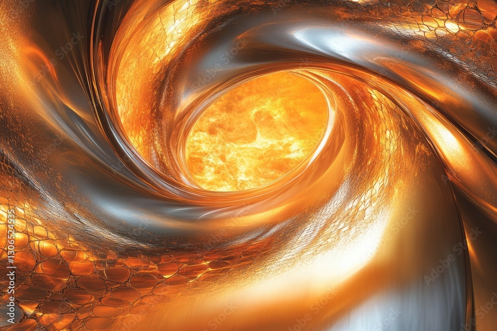 Poster abstract swirling metallic vortex reveals a fiery core, evoking power and intensity.