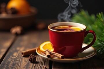 Steaming mulled wine, citrus, spice, fir in festive mug, still life photography, winter drink, holiday beverage
