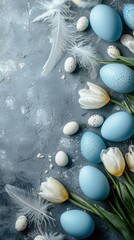 Obraz premium Easter celebration blue eggs and tulips on gray stone table
