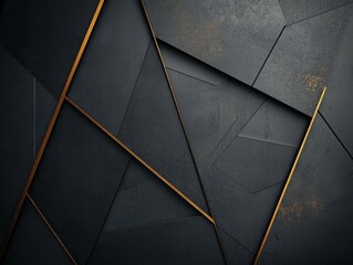 A modern, abstract composition featuring dark geometric shapes with gold accents, creating a...