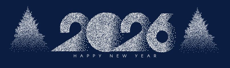 2026 Happy New Year text with fir trees and snow. Holiday celebration banner.