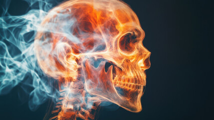 artistic representation of skull with vibrant colors and smoke effects, showcasing blend of anatomy and creativity. image evokes sense of intrigue and depth