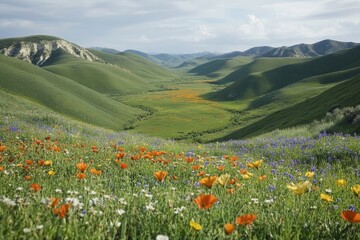 Fototapeta premium wildflower-strewn valley, showcasing the vibrant colors of the wildflowers against the verdant backdrop of the valley