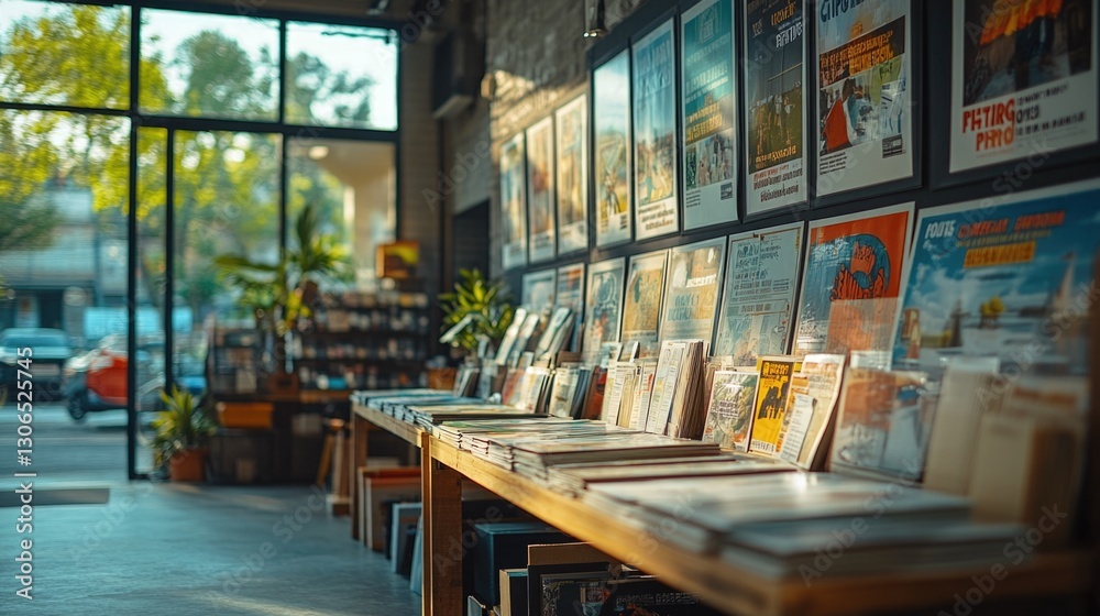 Poster a busy bookstore with numerous books on shelves, ideal for depicting a literary scene or representin