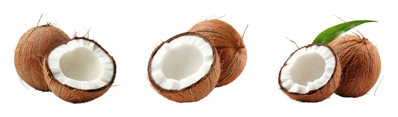 Fresh coconuts showcasing inner white flesh and husk