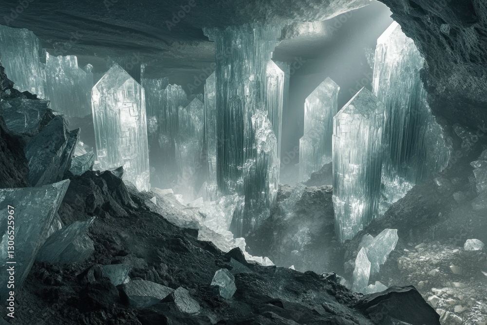 Poster a mystical cave filled with towering, translucent crystal formations, creating an ethereal, otherwor