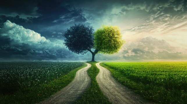 A crossroads with two roads leading to different natural landscapes, one dark and stormy, the other sunny and green, symbolizing choices in life..
