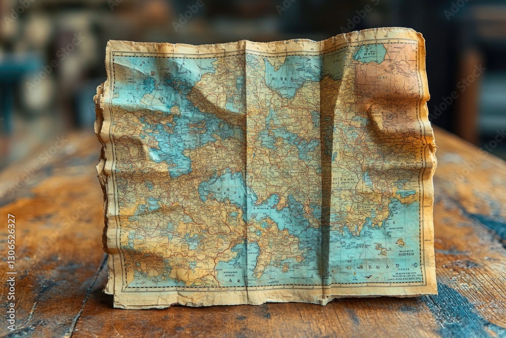 Poster a worn out old map sitting on a wooden table, suitable for use in historical or nostalgic themed pro