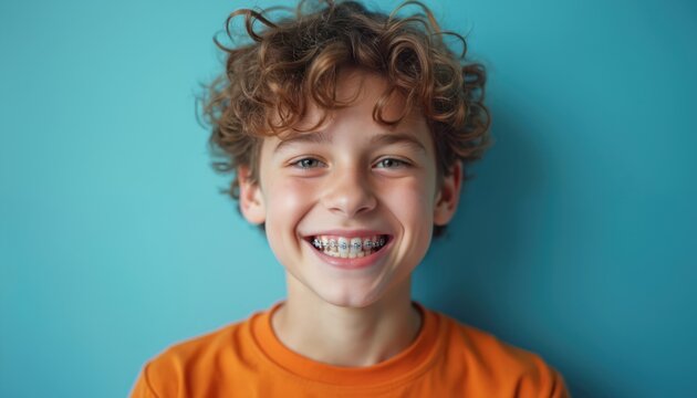 Teenager with curly hair and braces smiles on vibrant blue background. Joyful boy shows healthy teeth and orthodontic treatment progress. Dental care concept with happy cute child.