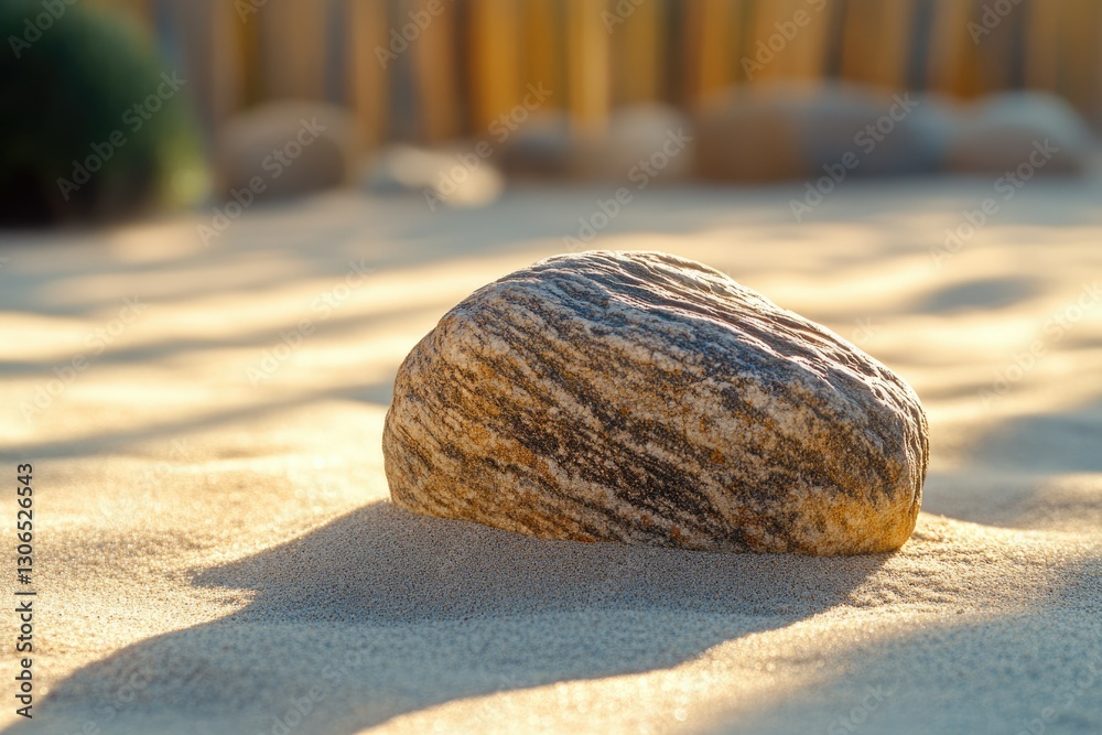 Poster a single, smooth stone rests on sunlit sand, creating a serene and minimalist scene.