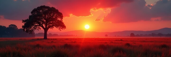 Obraz premium Crimson sun dips below distant trees, long shadows stretch across vast field , trees, twilight, sun