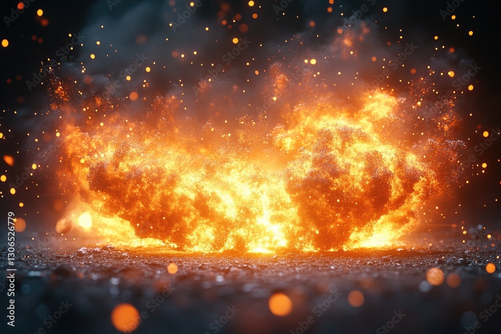 Poster large fireball exploding with bright orange and yellow flames