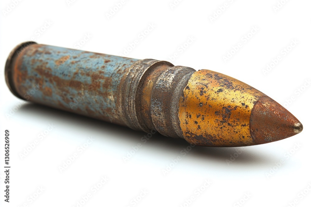 Poster a single old rusty bullet sits on a white surface