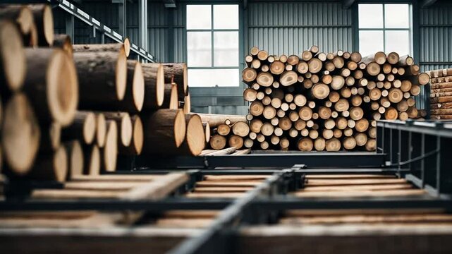 Tree trunks in a factory.