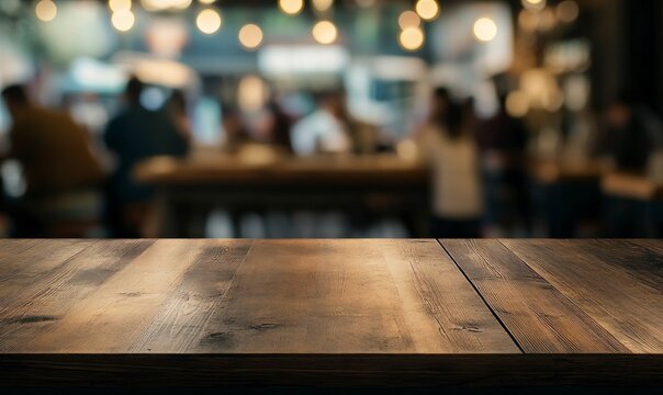 Wooden Tabletop in Restaurant with Blurry Background for Product Display
