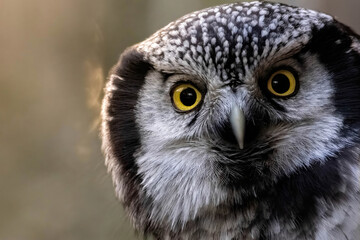 Northern hawk-owl (Surnia ulula) close up.