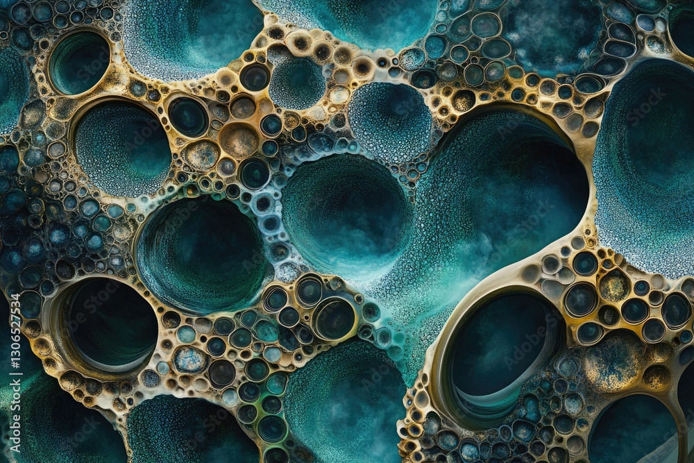 Poster abstract image depicting a mesmerizing, teal and gold, cavernous, organic structure resembling a mic