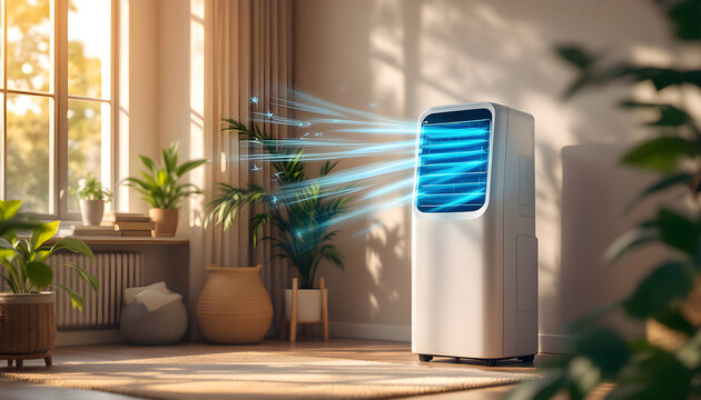 Modern portable air conditioner with cool fresh blue moving stream in living room. Summer cooling system installation. Ventilation system. Energy efficient climate control