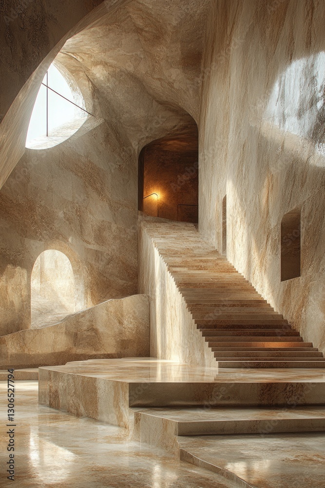 Poster A staircase in a building with a light source coming from outside, creating a warm glow
