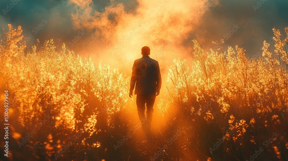 Poster a person stands alone in a field of tall grass, possibly looking out at the surrounding environment