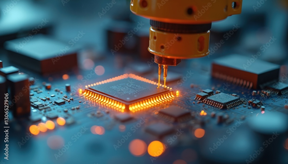 Aufkleber Robotic arm precisely assembling microchip on circuit board. Modern technology in electronics manufacturing. Automation, robotic excellence, advancement. Engineering production innovation, hi-tech