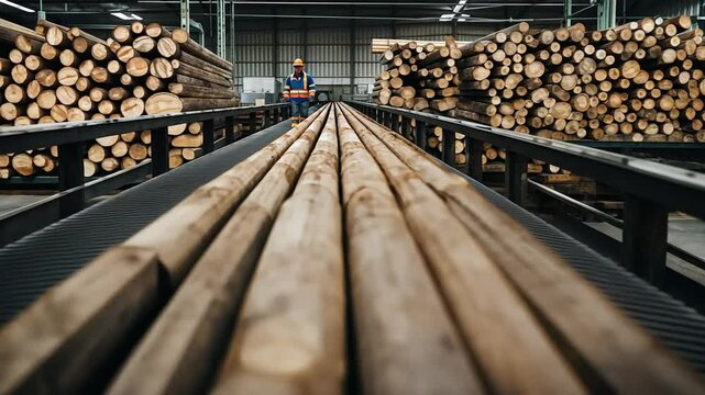 Tree trunks in a factory.