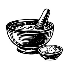 Traditional japanese mortar pestle, vintage style illustration