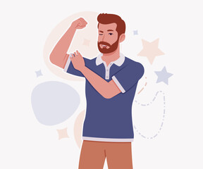 Man, bearded handsome guy in casual sporty wear biceps show pose. Stylish athletic sportswear polo, modern active fit city leisure, comfort. Vector flat style cartoon illustration, creative background