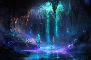 Obraz premium Enchanted cave with glowing waterfalls, crystals, and bioluminescent flora, a magical subterranean world.