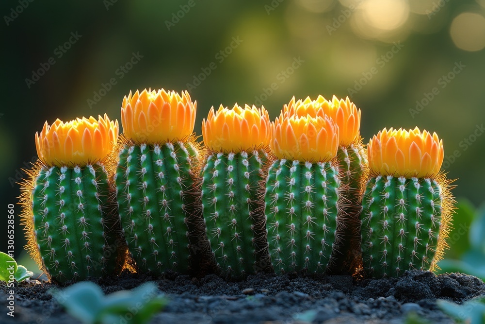 Poster a close-up shot of multiple cactus plants, showcasing their unique shapes and textures