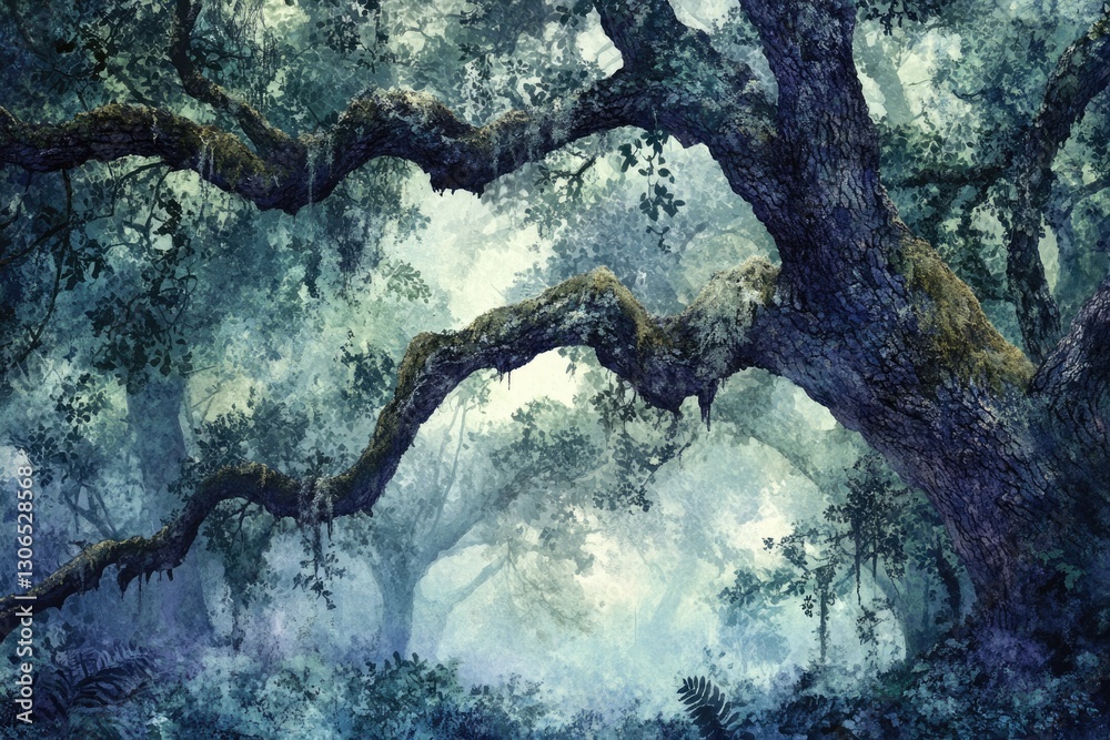 Poster enigmatic, moss-draped oak trees create a mystical, foggy forest scene.
