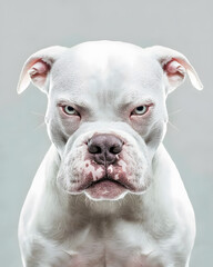 Fototapeta premium Close-up portrait of a white Pitbull dog against white color background