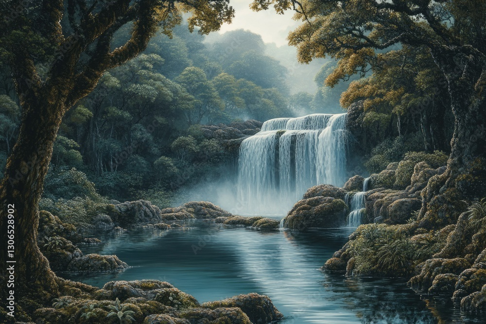 Poster Serene waterfall cascading through lush, misty rainforest, creating a tranquil pool.