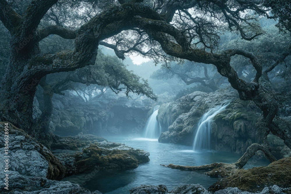 Poster enchanted waterfall cascading through mystical forest, ancient trees draped in mist, serene and ethe