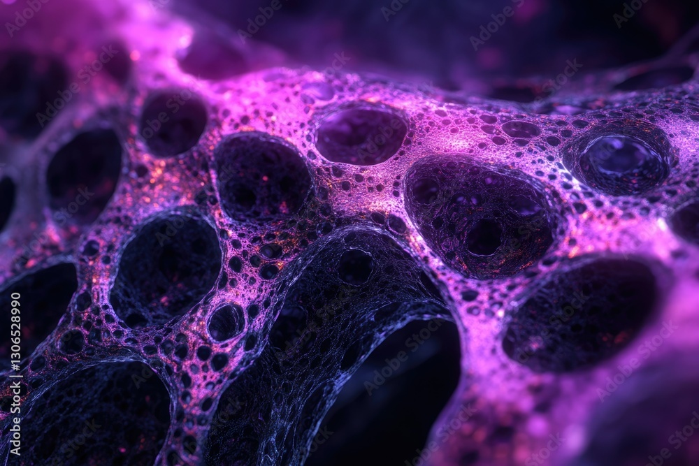 Poster abstract image of a porous, glowing purple and dark structure resembling a network or cellular mater