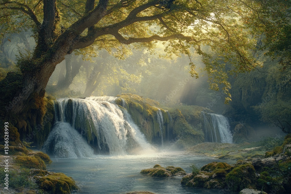 Poster serene waterfall cascading through a mystical forest bathed in sunlight, creating a breathtaking nat
