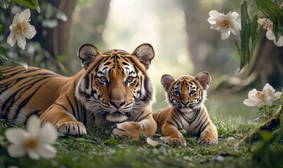 Fototapeta premium Majestic Tiger and Cub: A powerful tiger and its adorable cub rest peacefully in a sun-dappled clearing, surrounded by lush greenery and delicate flowers, a touching display of nature's bond.
