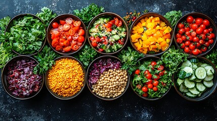 Vibrant vegan feast displayed overhead colorful dishes dining table inviting atmosphere aesthetic presentation