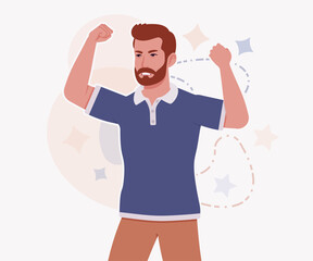 Man, bearded handsome guy in casual sporty wear aggressive pose. Stylish athletic sportswear polo, modern active fit city leisure, comfort. Vector flat style cartoon illustration, creative background