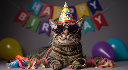 Fototapeta premium Cat Birthday Celebration with Party Hat, Sunglasses, and Colorful Decorations