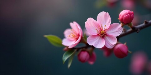 Obraz premium Soft focus plum tree with blooming flowers on a dark grey background, flowers, blossom