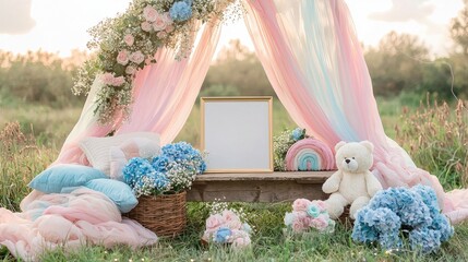 A dreamy, ethereal rainbow baby announcement set in a sunlit meadow with soft pink and soft blue hues. A flowing sheer blush pink and pastel blue fabric