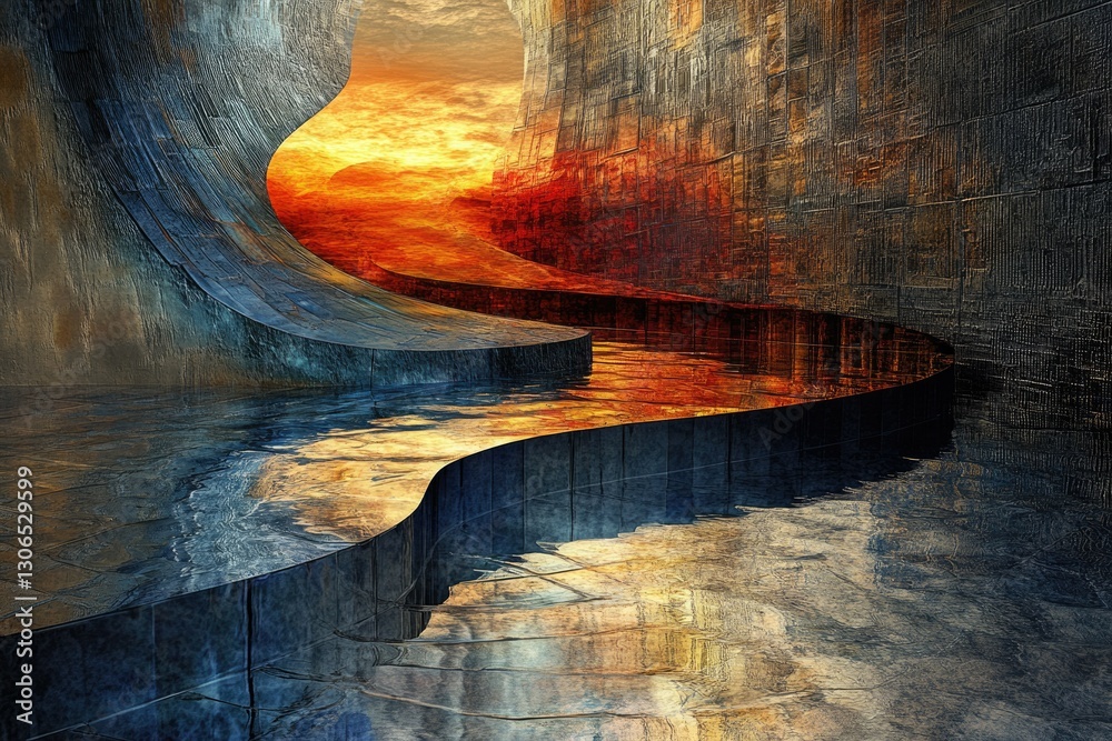 Poster Abstract art depicting a surreal, fiery sunset reflected in a dark, curving waterway within a textured, stone-like structure.