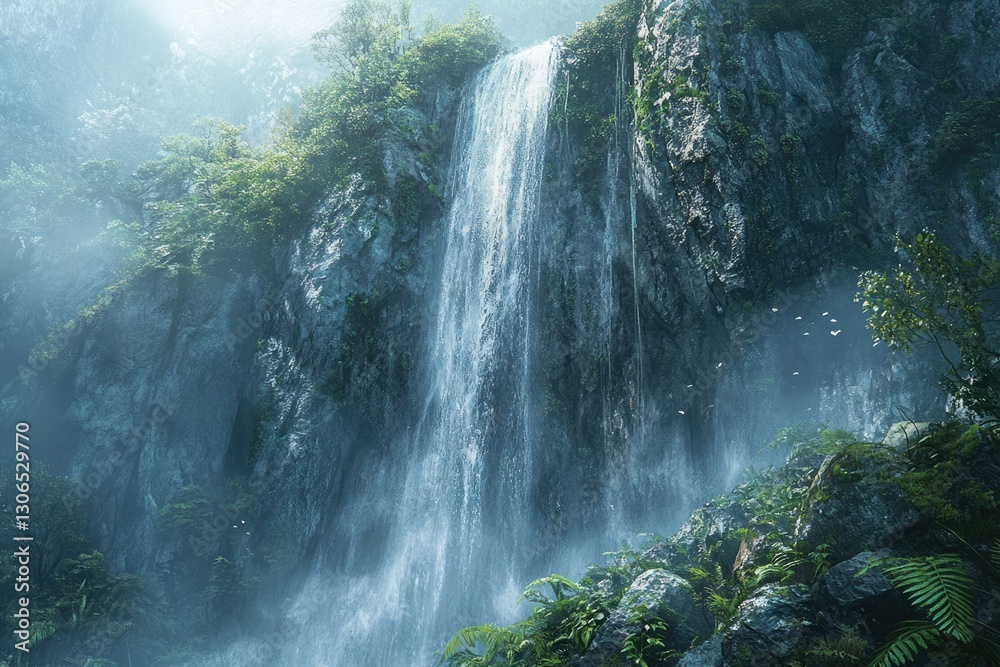 Poster misty waterfall cascading down a lush, green cliff face, creating a serene and mystical atmosphere.
