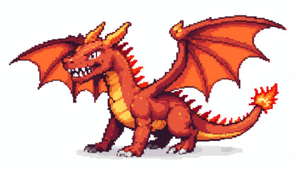 Quirky 8-bit pixel dragon with spiky tail and fiery wings, rendered in bold red and orange pixels, isolated on a white background for a fun, retro fantasy feel