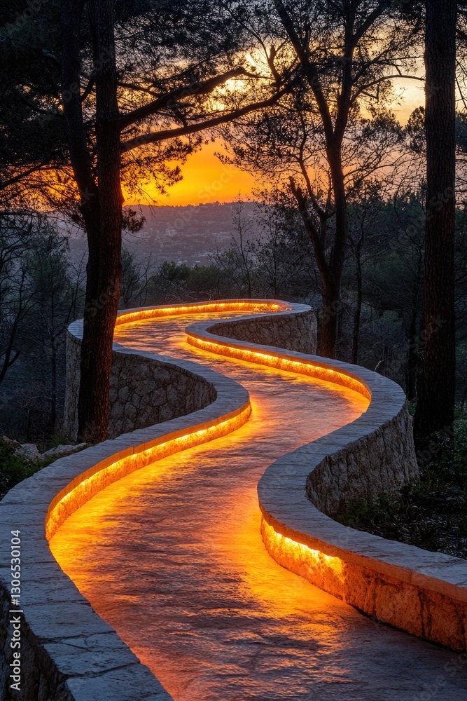 Poster A winding path lit by lamps or lanterns in a dense forest, suitable for use as a background or illustration